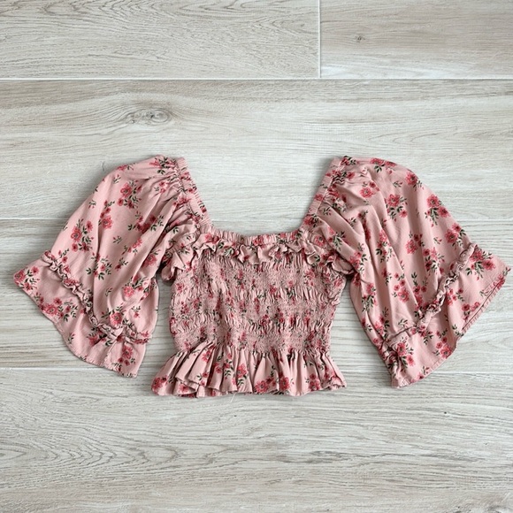 Angie Tops - Angie Pink Floral Smocked Cropped Bell Sleeve Shirt